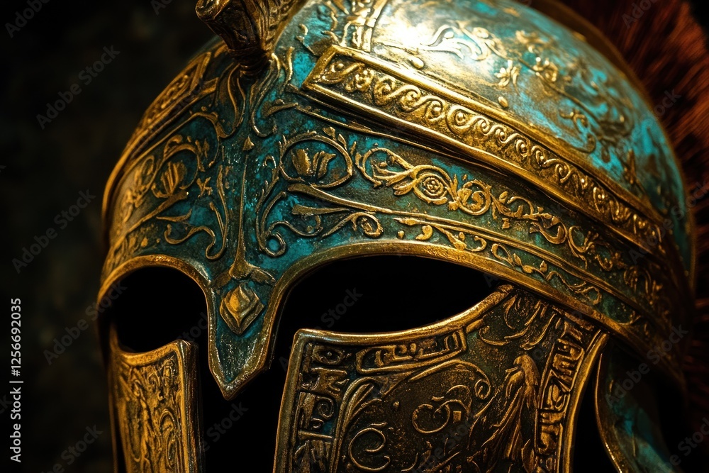 Naklejka premium Ancient Greek Warrior Helmet: A Masterpiece of Ornate Design