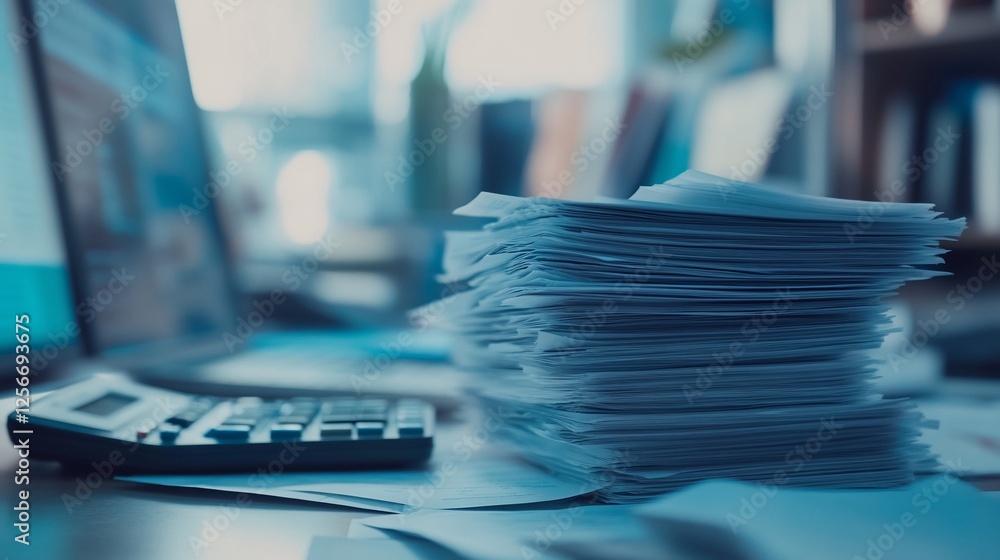 High stack of papers on desk with calculator and computer in background. High stack of papers on desk with calculator and computer in background.