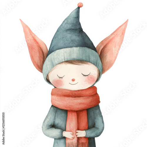 Christmas elf with a scarf, pointy hat and ears, a simple, cute, flat vector illustration for a children ' s book in the style photo