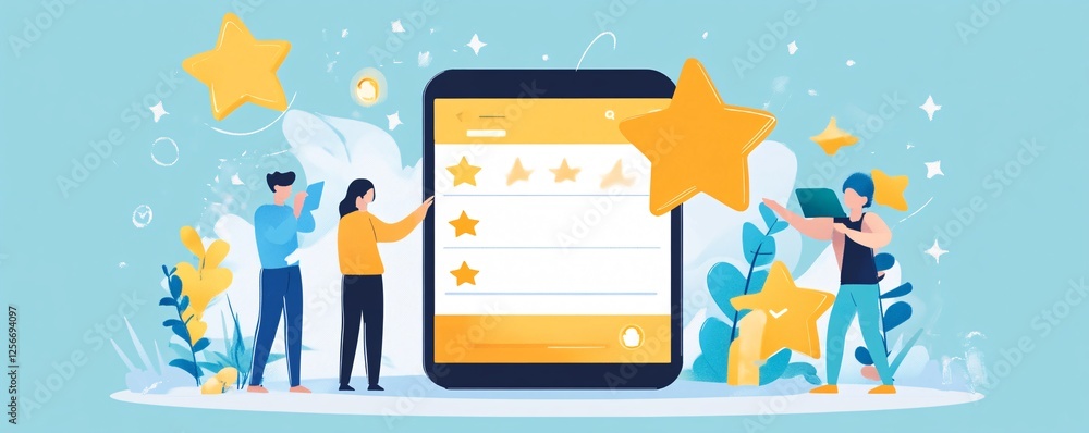 Fototapeta premium People leaving positive feedback with five stars rating on giant smartphone