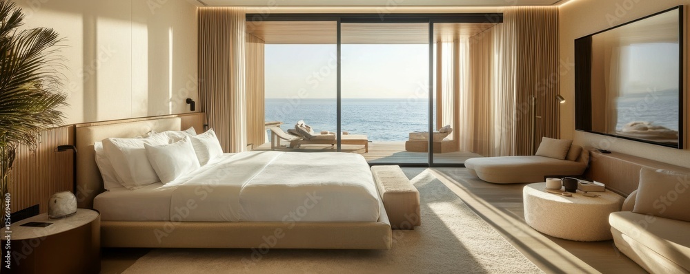custom made wallpaper toronto digitalLuxurious oceanfront bedroom with scenic view and modern decor featuring cozy seating