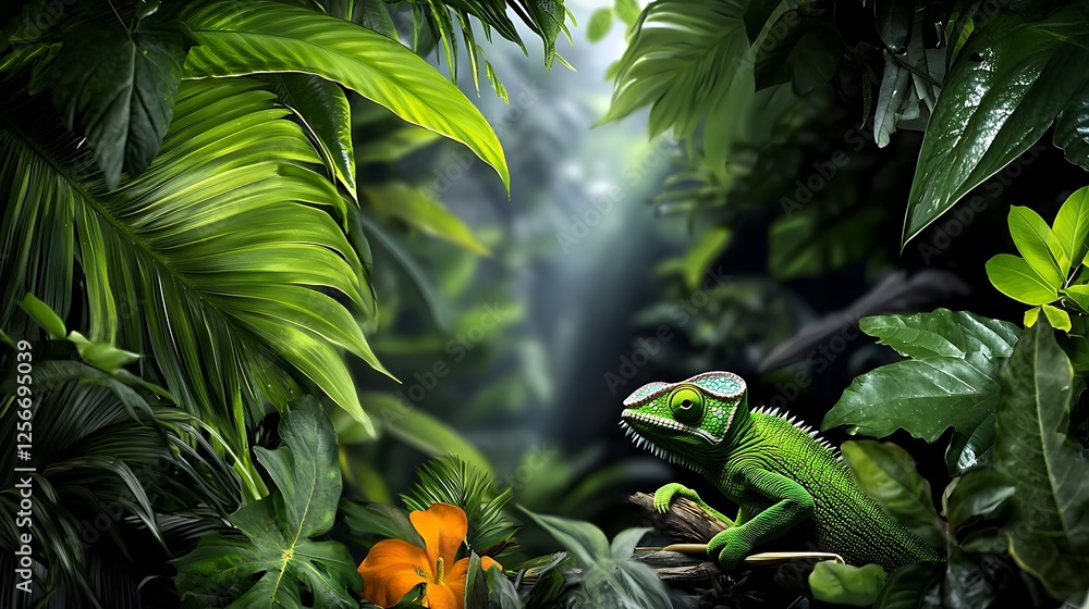 Obraz premium Vibrant chameleon blending into lush rainforest foliage with sunlight filtering through leaves