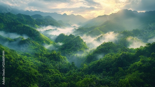 Misty Mountain Range, Lush Green Forest, Sunrise View photo