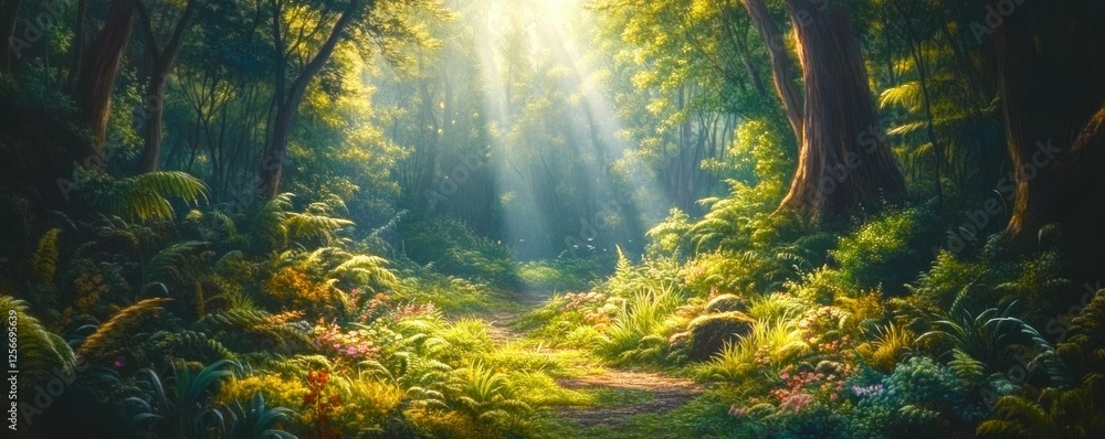 Sunlit path in serene forest with lush greenery and vibrant flowers Sunlit path in serene forest with lush greenery and vibrant flowers