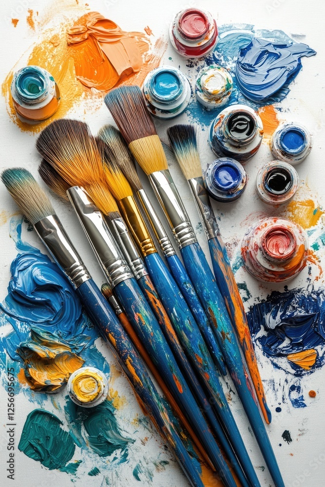 Vibrant hues of orange, blue, and yellow mix energetically on a work surface, complemented by various brushes and paint containers, highlighting the artistic process in full swing Vibrant hues of orange, blue, and yellow mix energetically on a work surface, complemented by various brushes and paint containers, highlighting the artistic process in full swing