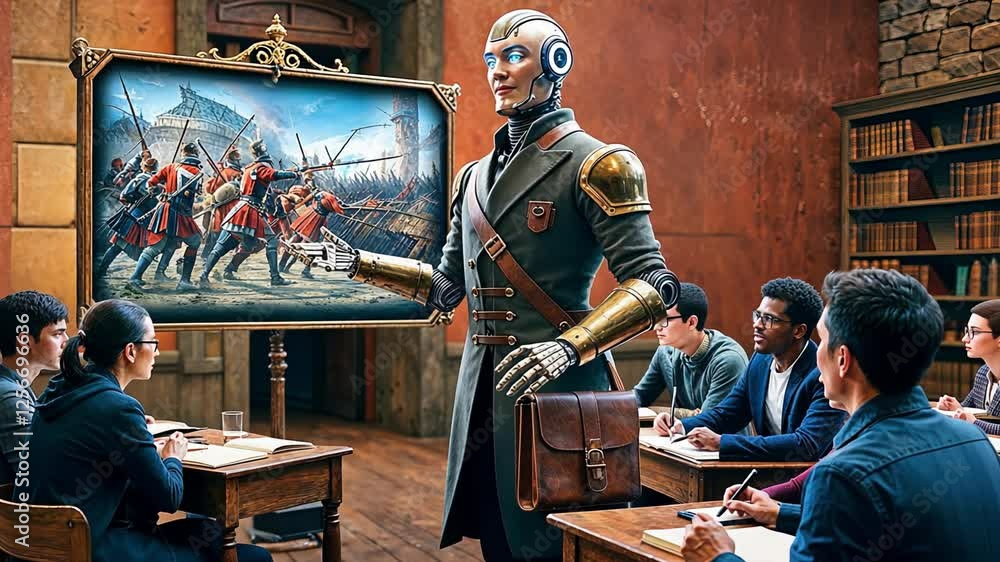 AI Educator Presenting Historical Painting to Students in Classroom AI Educator Presenting Historical Painting to Students in Classroom