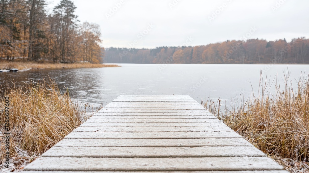 Fototapeta premium Wooden pier covered in light frost extends into a calm lake surrounded by autumn forest on an overcast day.