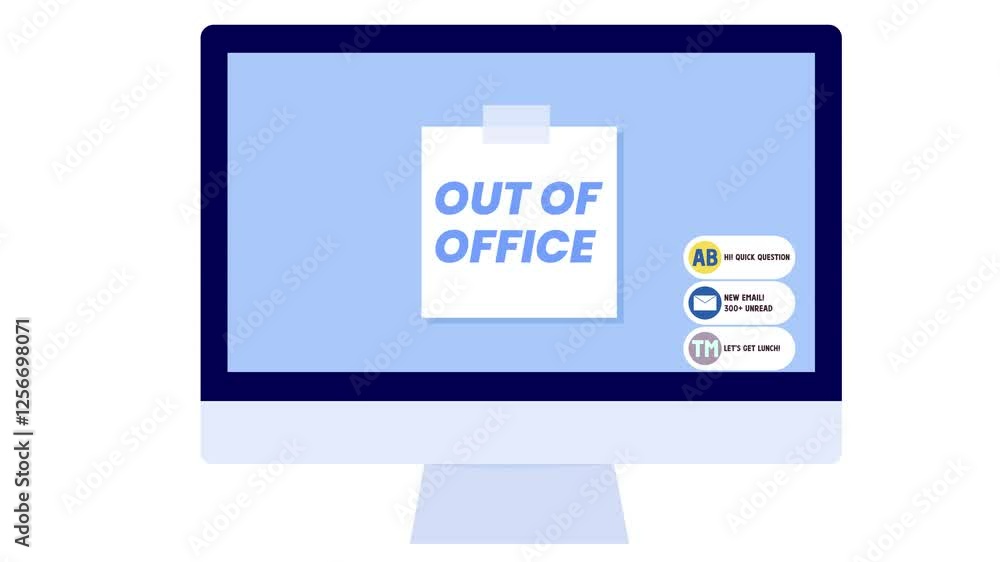 Computer monitor displaying out of office sign and unread notifications. Workplace communication and temporary absence. Computer monitor displaying out of office sign and unread notifications. Workplace communication and temporary absence.
