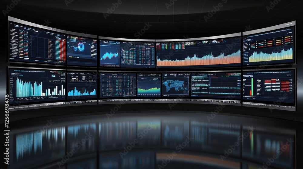 Fototapeta premium A dynamic business strategy concept with multiple screens displaying stock market analytics. Copy space.