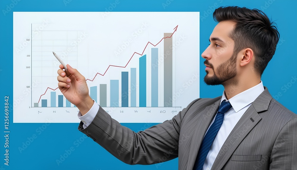 business man in a suit is pointing to a growth chart on a wall, highlighting a successful upward trend. business man in a suit is pointing to a growth chart on a wall, highlighting a successful upward trend.