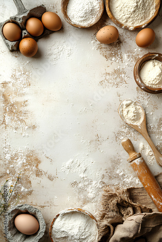 Baking ingredients and utensils arranged on a textured white surface, including eggs, flour, sugar, and a rolling pin, creating a rustic and cozy kitchen scene

