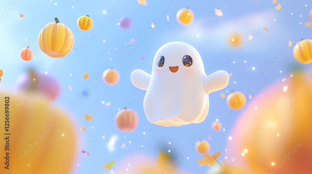 Charming ghost 3d rendering drifting among pumpkins in the halloween sky Charming ghost 3d rendering drifting among pumpkins in the halloween sky