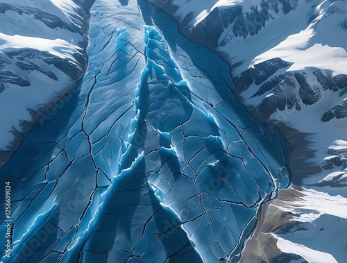 A breathtaking aerial view of a massive cracked glacier with deep ice formations, highlighting the beauty of polar landscapes, climate change, and natural geological patterns
 photo