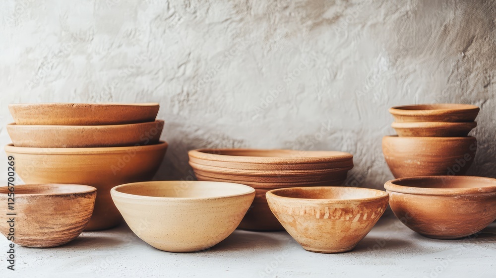 A minimal workspace with handmade clay bowls in various sizes and textures. Copy space. A minimal workspace with handmade clay bowls in various sizes and textures. Copy space.