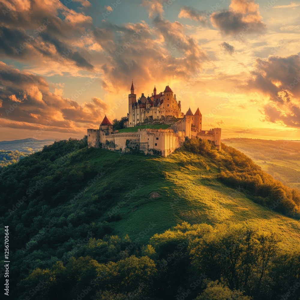 Majestic medieval castle atop a green hill illuminated by the vibrant hues of a sunset sky. Generative AI Majestic medieval castle atop a green hill illuminated by the vibrant hues of a sunset sky. Generative AI