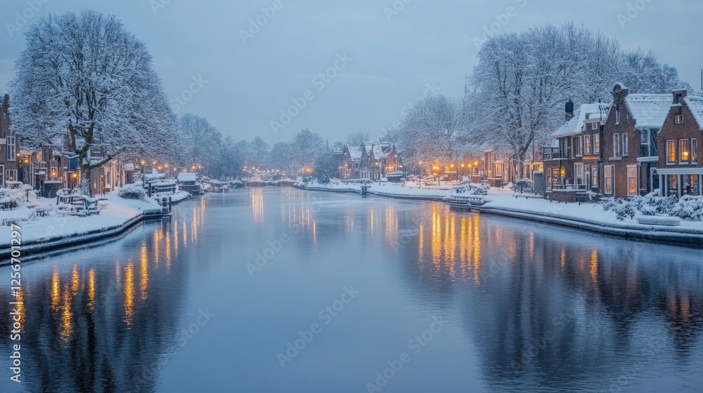 Winter Wonderland Overlooking Serene Snowy Canal with Lights Twinkling on Calm Water Surface Winter Wonderland Overlooking Serene Snowy Canal with Lights Twinkling on Calm Water Surface