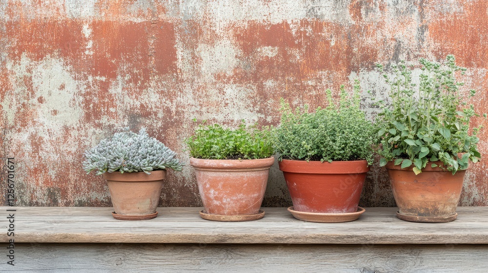 A selection of handcrafted terracotta plant pots arranged on a wooden garden bench. Copy space. A selection of handcrafted terracotta plant pots arranged on a wooden garden bench. Copy space.