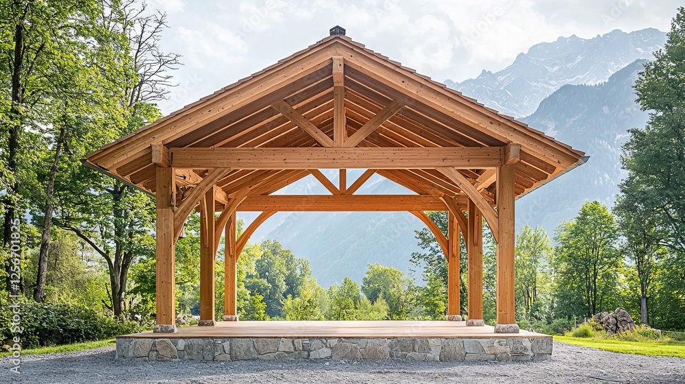 Rustic Wooden Pavilion in Scenic Mountain Landscape