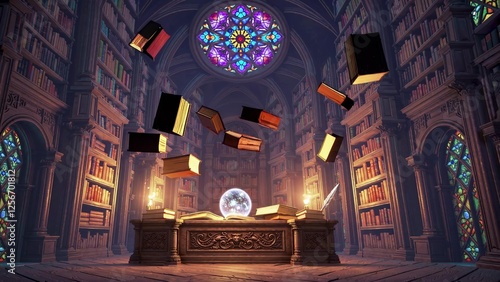 Mysterious library scene featuring levitating books around an ancient wooden desk, illuminated by warm candlelight. A glowing crystal ball adds a magical touch beneath a stained glass window photo