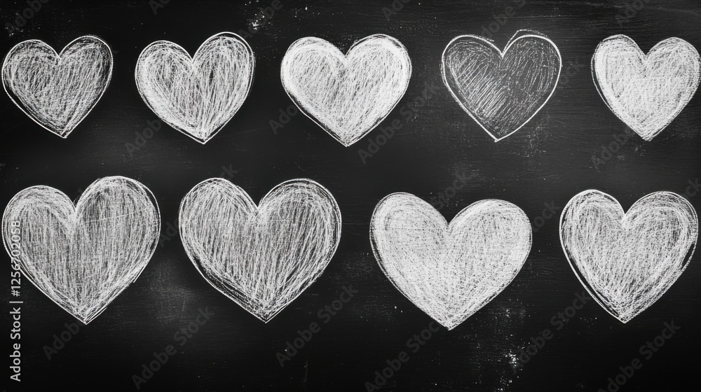 Obraz premium Hand-drawn white chalk hearts on blackboard background for romantic, love, and friendship themes