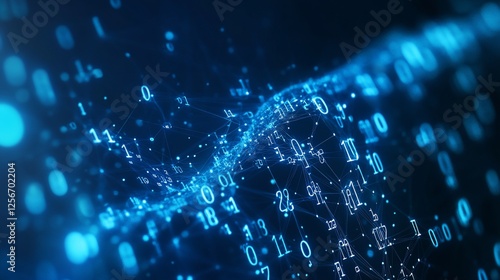 Abstract blue digital data stream with glowing numbers and connections.