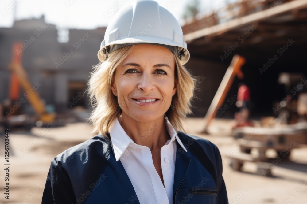 Smiling portrait of a middle aged female businesswoman on construction site Smiling portrait of a middle aged female businesswoman on construction site
