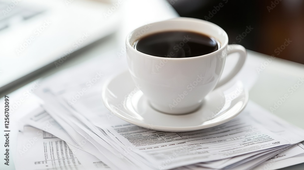 A white office table with a neatly arranged laptop, financial documents, and a coffee cup. Copy space. A white office table with a neatly arranged laptop, financial documents, and a coffee cup. Copy space.