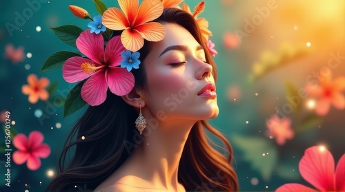 A woman adorned with a vibrant floral crown and tropical hibiscus flowers, eyes closed, basking in warm sunlight in a dreamy, nature-inspired setting.