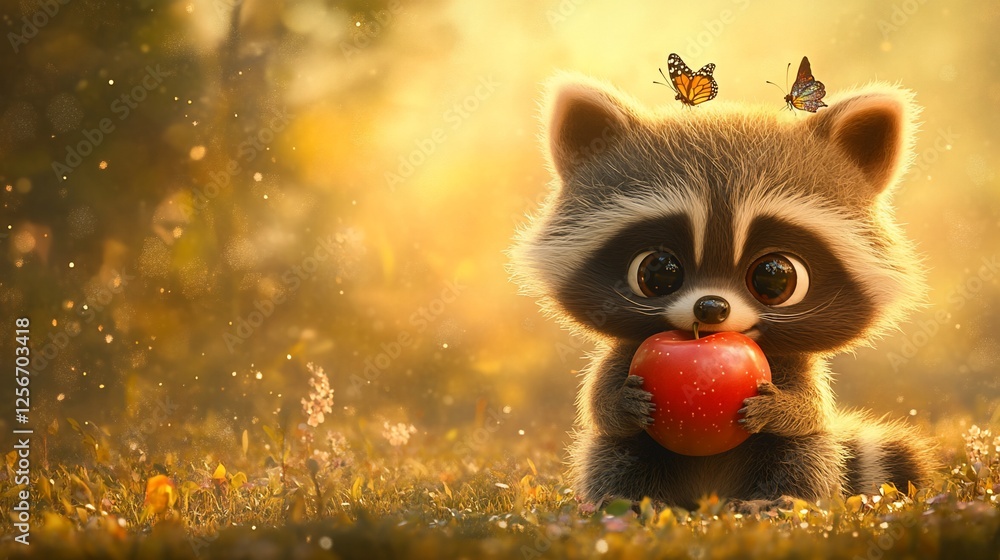 Adorable cartoon raccoon eating a red apple in a sunlit meadow with butterflies. Adorable cartoon raccoon eating a red apple in a sunlit meadow with butterflies.