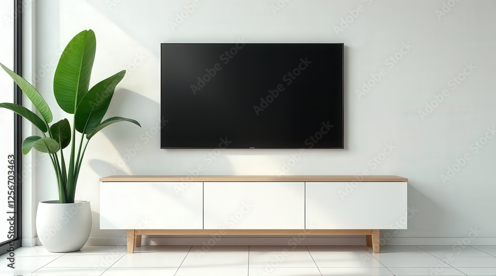 Obraz premium Minimalistic interior with a mounted TV and sleek white TV stand against a neutral wall, accompanied by a decorative potted plant and warm natural light.