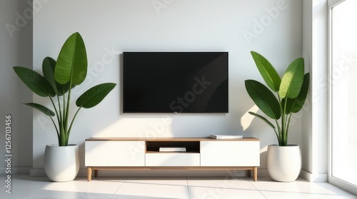 Modern living room with a wall-mounted TV, sleek white TV unit, and symmetrical potted plants on both sides, illuminated by soft, warm natural light.