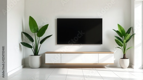 Modern minimalist living room featuring a wall-mounted TV, sleek white TV stand, and two decorative potted plants on either side, bathed in soft natural light.