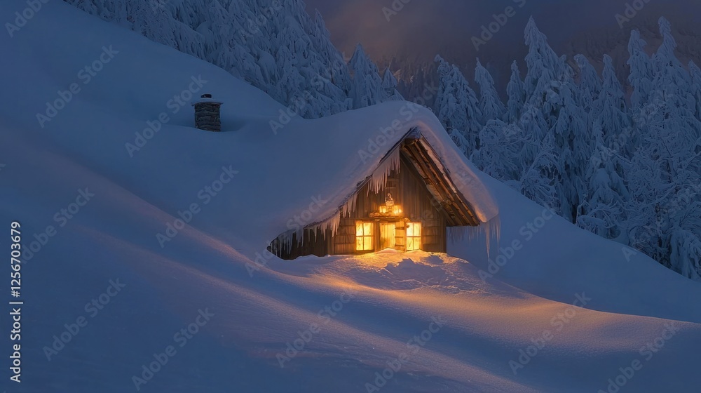 Cozy Cabin in Snowy Winter Landscape with Warm Glow from Windows Cozy Cabin in Snowy Winter Landscape with Warm Glow from Windows