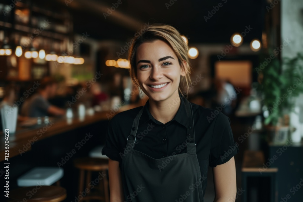 Fototapeta premium Smiling portrait of a young female Caucasian waitress in cafe