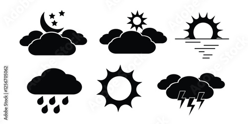 Weather flat icons set. Parts of the Day Morning, Afternoon, Noon, Evening ,Night Icons. Sunset and Night Icons, Simple glyph silhouette signs for web.