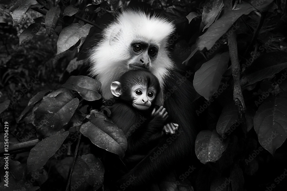 Obraz premium A black and white photo of a mother monkey cradling her baby amidst lush foliage.