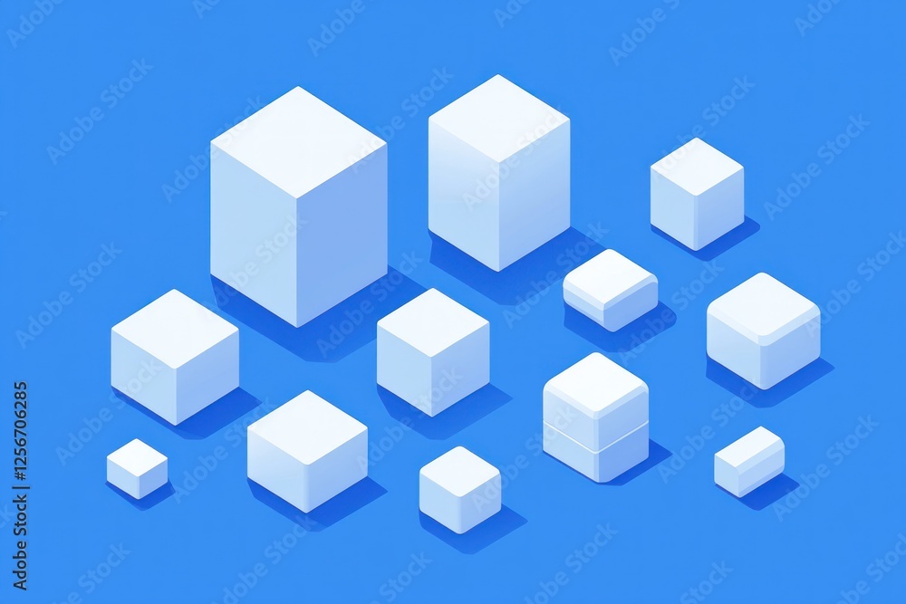 Isometric white cubes of varying sizes on a blue background. Isometric white cubes of varying sizes on a blue background.