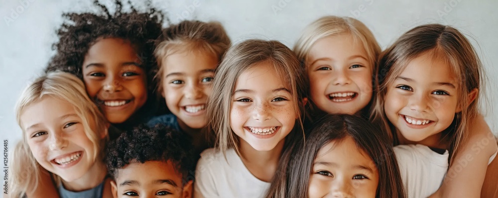 Diverse group of children happily posing for a group photo, showcasing their friendship and joy