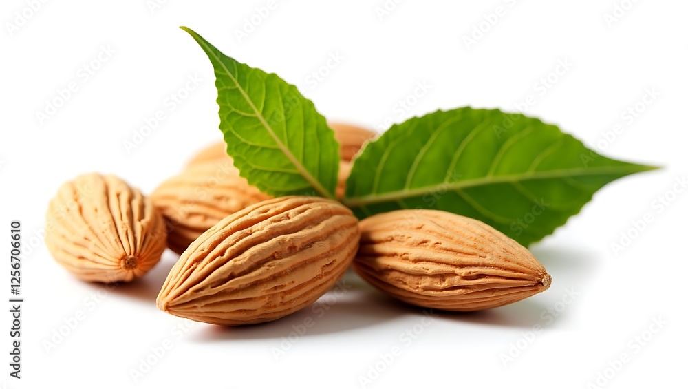 Closeup of dried golden-brown almonds with green leaves - healthy eating inspiration - food blog or recipe post Closeup of dried golden-brown almonds with green leaves - healthy eating inspiration - food blog or recipe post