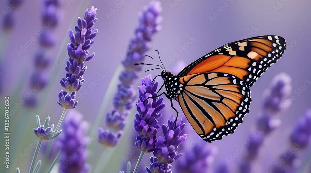 Fototapeta premium Close-up of a monarch butterfly perched on blooming lavender flowers, displaying intricate patterns and vibrant colors, symbolizing transformation, nature, and biodiversity 