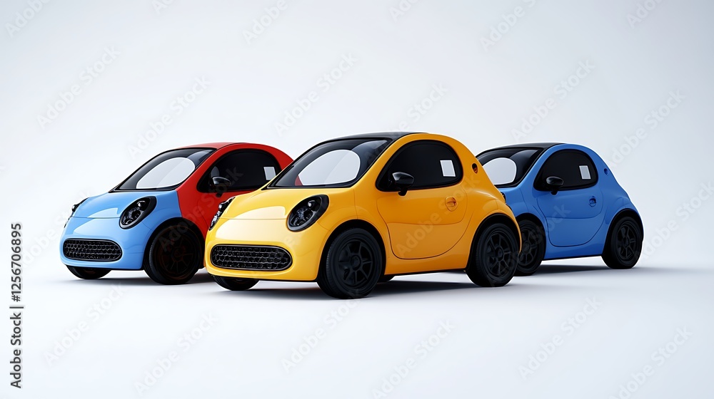 Three colorful electric cars, modern design, studio shot. Possible use Showcase electric vehicles Three colorful electric cars, modern design, studio shot. Possible use Showcase electric vehicles