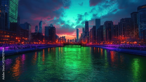 Wallpaper Mural Cityscape river sunset, colorful lights, crowd, Chicago Torontodigital.ca