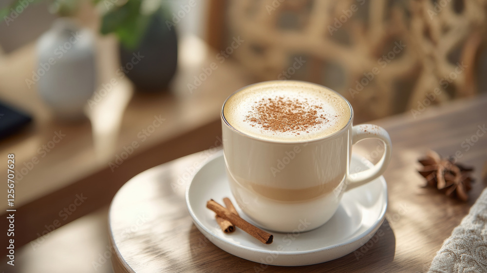 warm cup of coffee topped with cinnamon sits on wooden table, evoking cozy atmosphere warm cup of coffee topped with cinnamon sits on wooden table, evoking cozy atmosphere