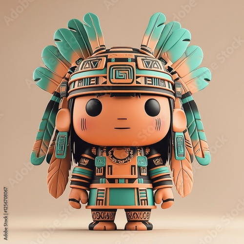 3D Render of a Cute Mayan Inspired Character Wearing Traditional Headdress photo