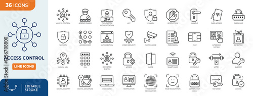 Access Control line editable icon set. Containing Authorization, Door, Privacy, Permission, Cyber Security, Border Guard, Detector, and more. Vector illustration.