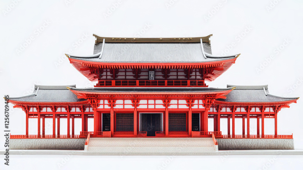 Stunning Architectural Model of a Traditional Japanese Red Temple with Grey Roof and Extensive Wooden Structure Stunning Architectural Model of a Traditional Japanese Red Temple with Grey Roof and Extensive Wooden Structure