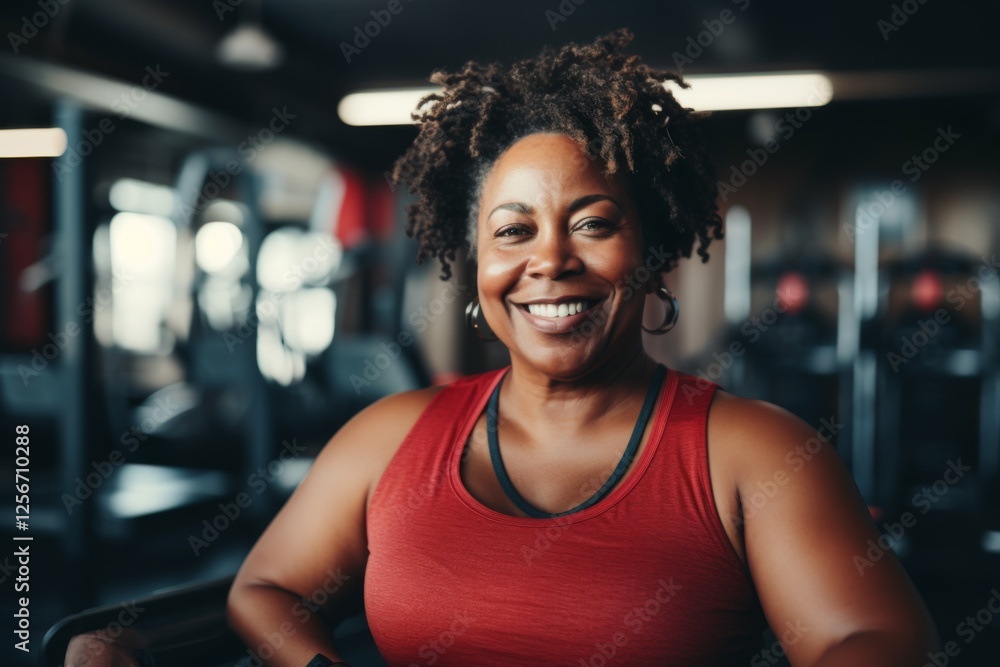 Smiling portrait of a middle aged slightly overweight woman in gym Smiling portrait of a middle aged slightly overweight woman in gym