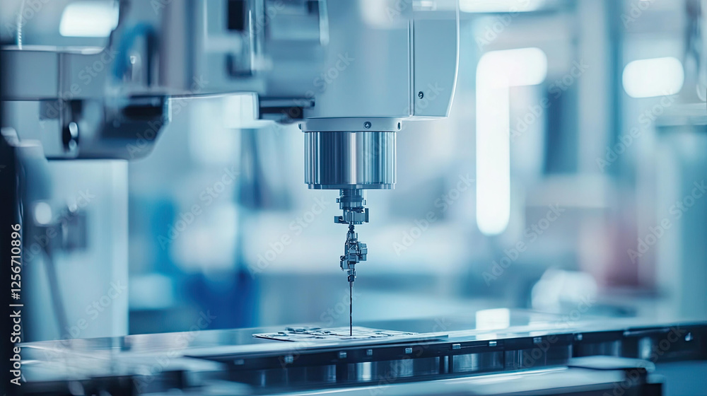 High precision automated manufacturing process in modern factory setting showing robotic arm precision assembly and industrial technology High precision automated manufacturing process in modern factory setting showing robotic arm precision assembly and industrial technology