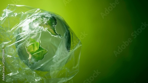 A digitally created Earth encased in transparent plastic wrap, set against a green background, representing environmental issues and sustainability themes. AI generated.