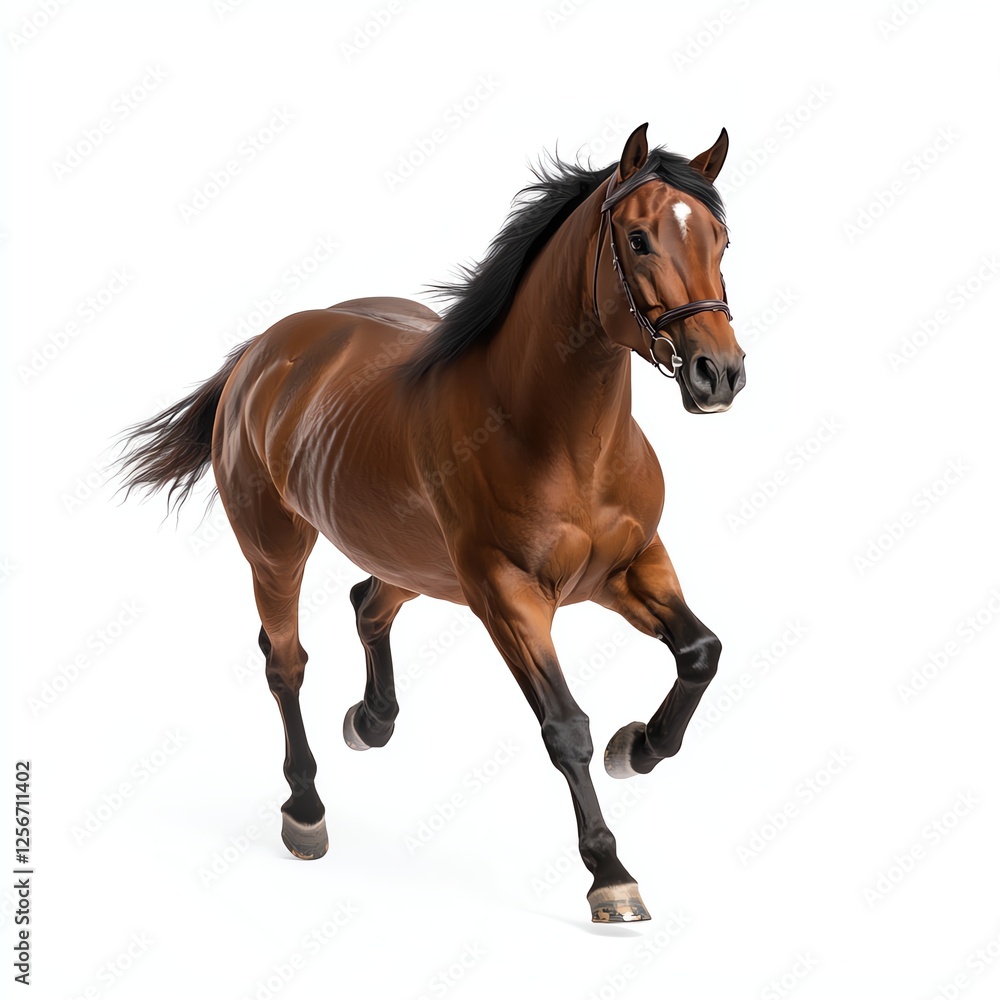 A majestic brown horse galloping gracefully, showcasing its strength and beauty against a white isolated background. A majestic brown horse galloping gracefully, showcasing its strength and beauty against a white isolated background.